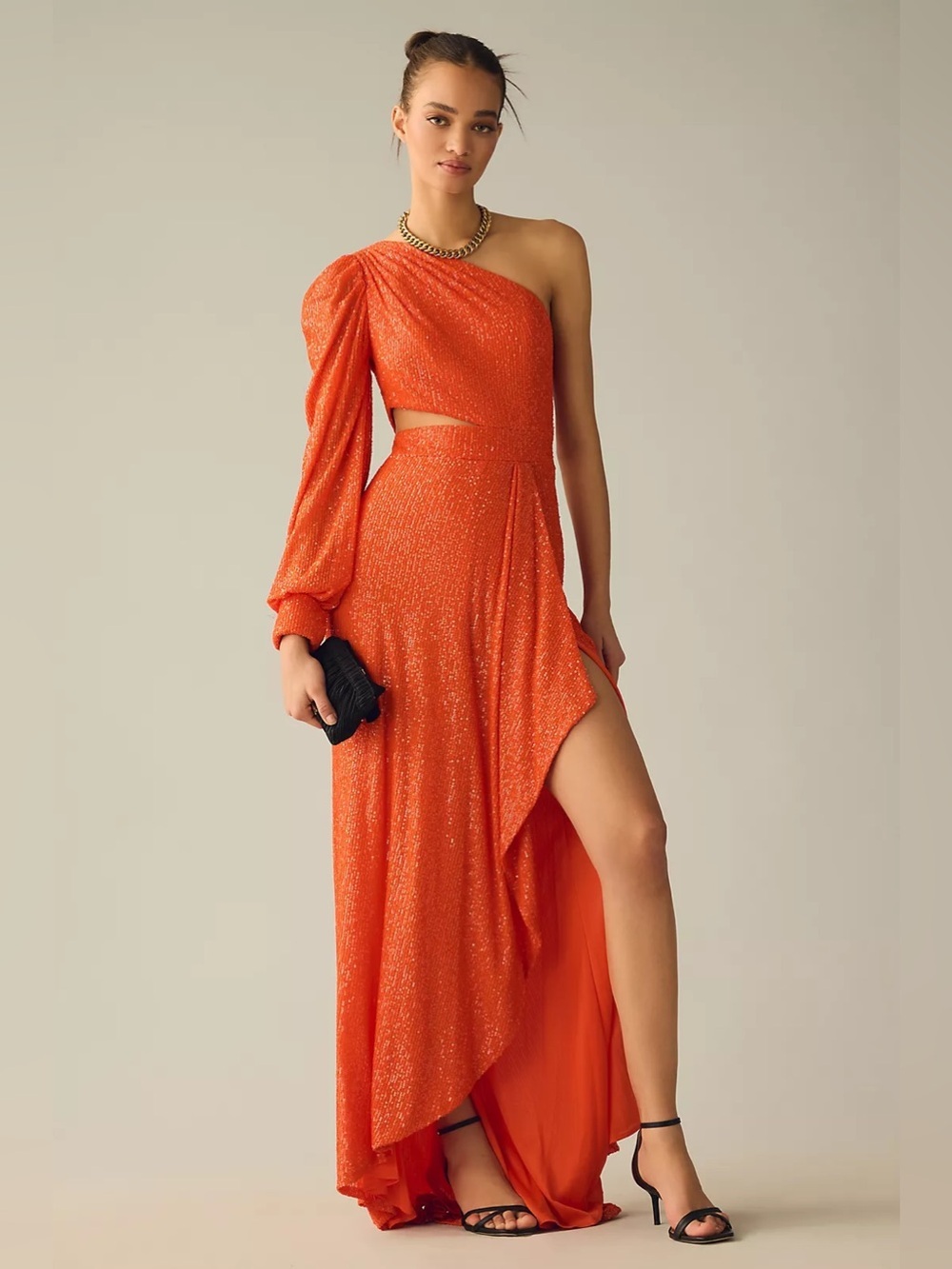 Mac Duggal Sequin Cut Out One Shoulder Maxi Dress